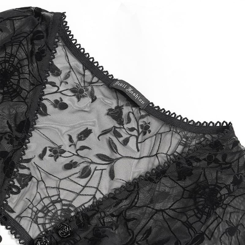 DEVIL FASHION Women's Gothic Plunging V-Neck Floral Mesh Bell Sleeve Top