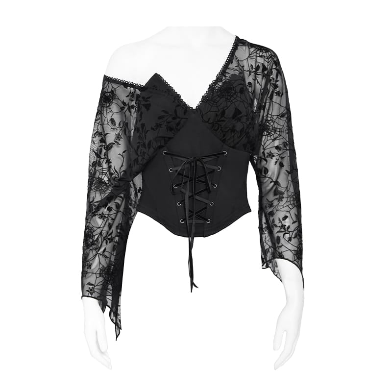 DEVIL FASHION Women's Gothic Plunging V-Neck Floral Mesh Bell Sleeve Top