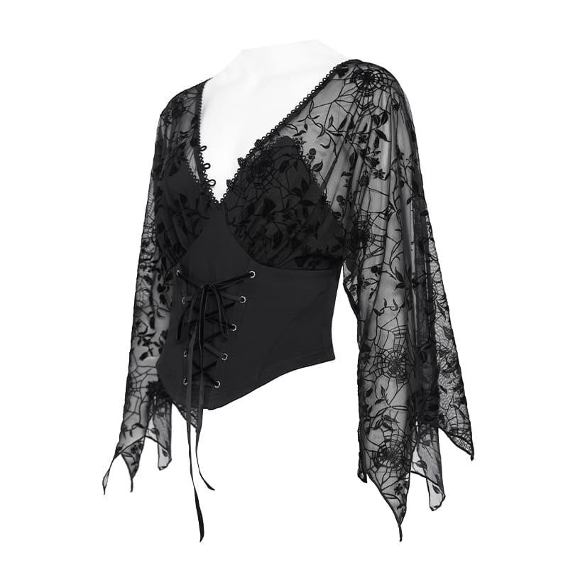 DEVIL FASHION Women's Gothic Plunging V-Neck Floral Mesh Bell Sleeve Top