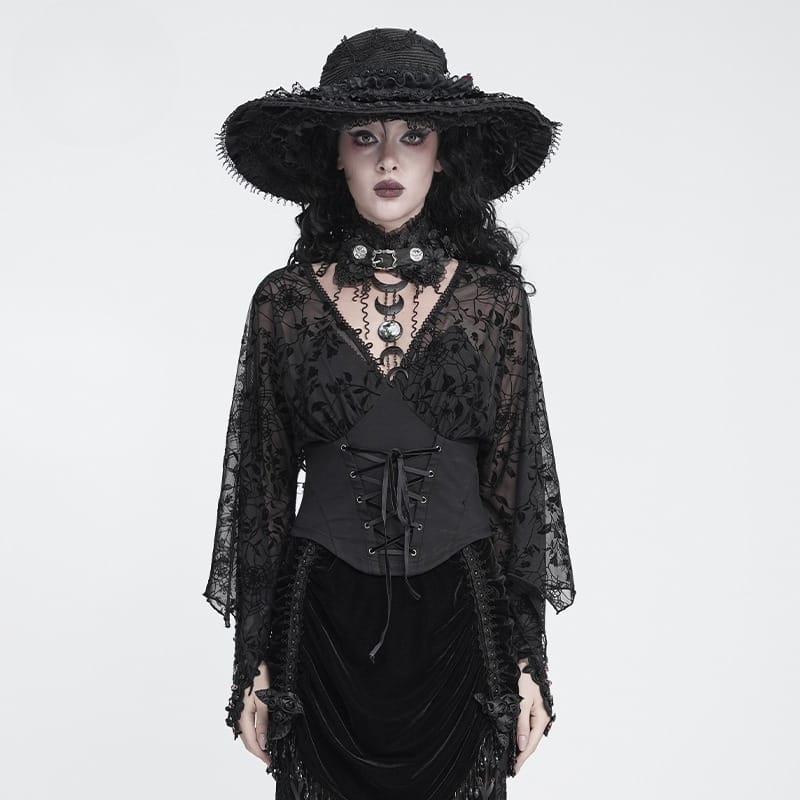 DEVIL FASHION Women's Gothic Plunging V-Neck Floral Mesh Bell Sleeve Top