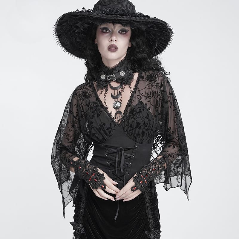 DEVIL FASHION Women's Gothic Plunging V-Neck Floral Mesh Bell Sleeve Top