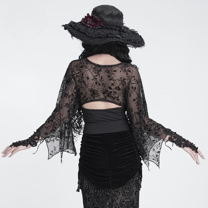 DEVIL FASHION Women's Gothic Plunging V-Neck Floral Mesh Bell Sleeve Top