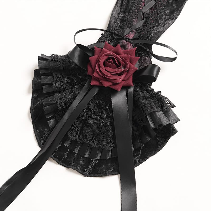 DEVIL FASHION Women's Gothic Rose Bowknot Lace-up Arm Sleeves Black-Red