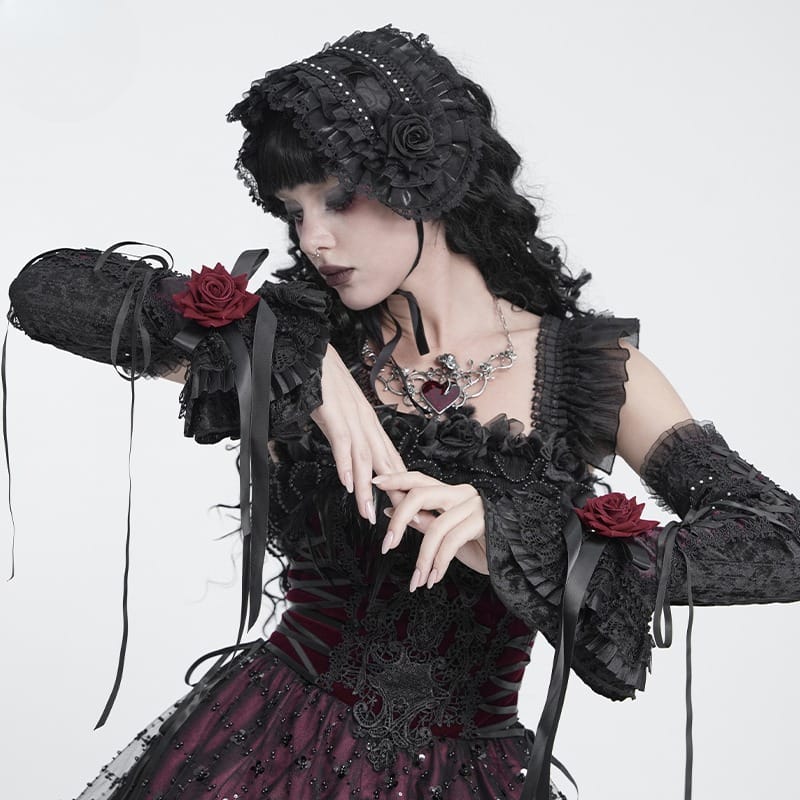 DEVIL FASHION Women's Gothic Rose Bowknot Lace-up Arm Sleeves Black-Red