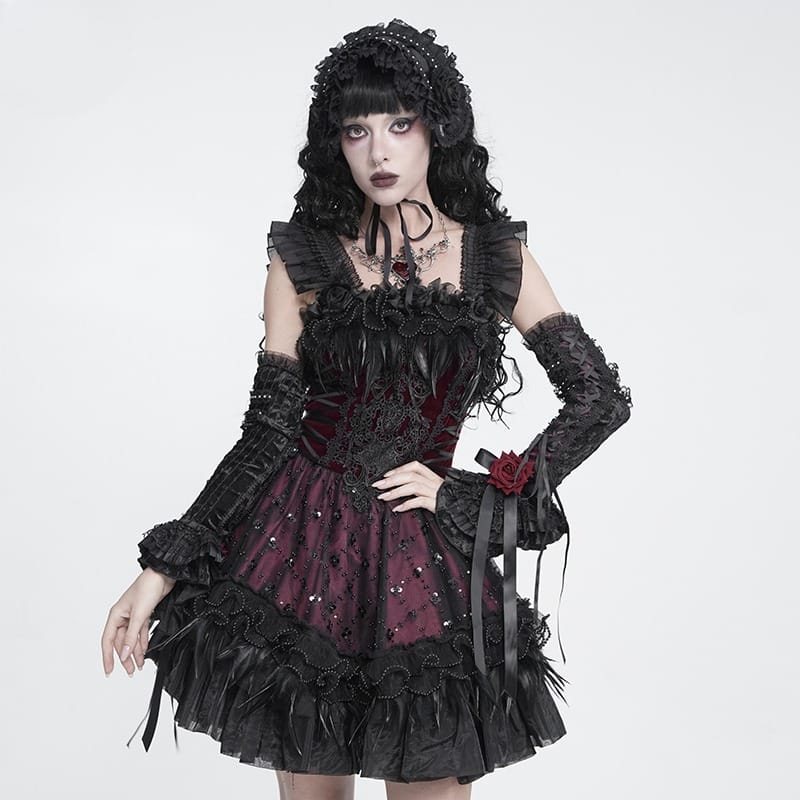 DEVIL FASHION Women's Gothic Rose Bowknot Lace-up Arm Sleeves Black-Red