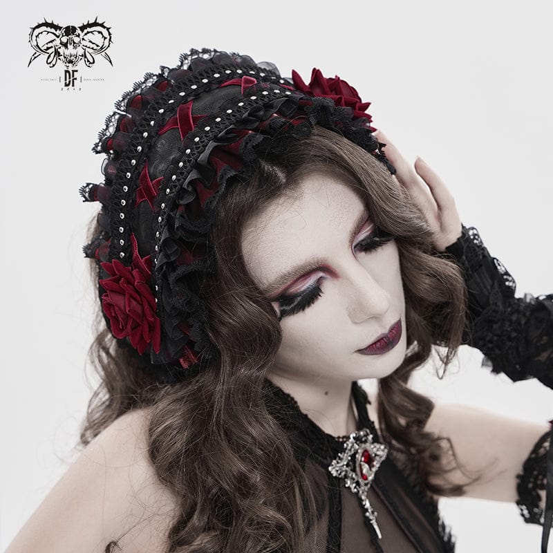 DEVIL FASHION Women's Gothic Rose Lace Ruffled Headwear Black-Red
