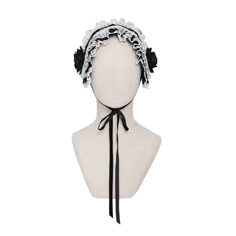DEVIL FASHION Women's Gothic Rose Lace Ruffled Headwear Black-White