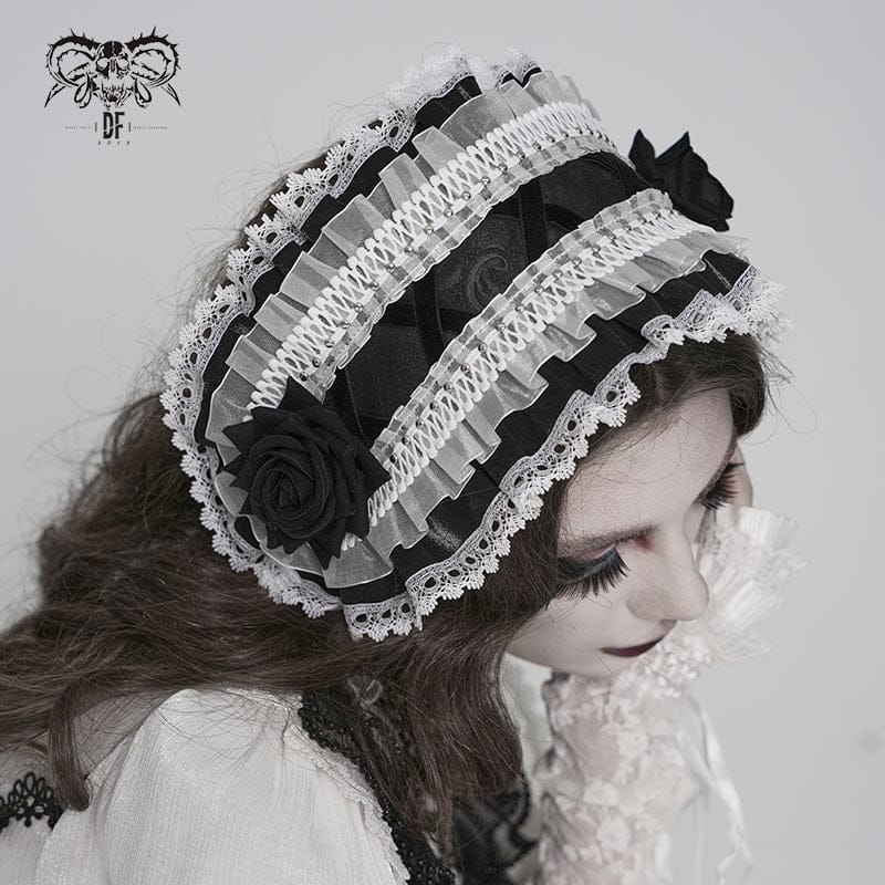 DEVIL FASHION Women's Gothic Rose Lace Ruffled Headwear Black-White