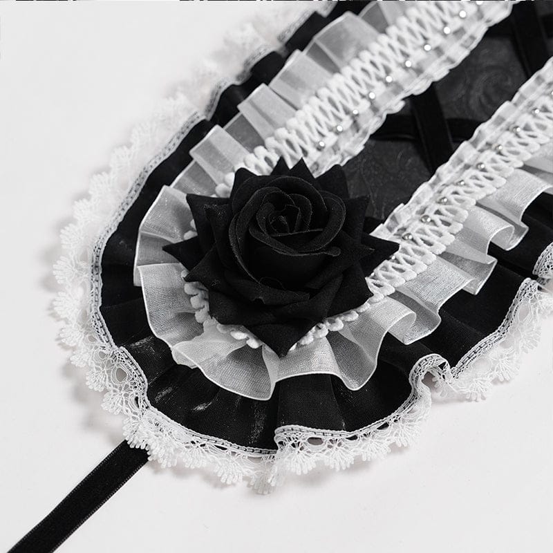 DEVIL FASHION Women's Gothic Rose Lace Ruffled Headwear Black-White
