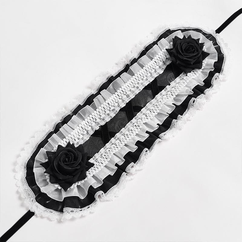 DEVIL FASHION Women's Gothic Rose Lace Ruffled Headwear Black-White