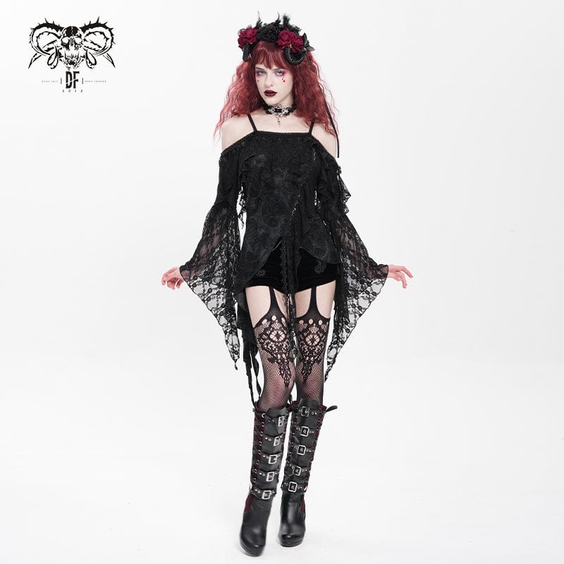 DEVIL FASHION Women's Gothic Ruffle Irregular Off Shoulder Slip Shirt