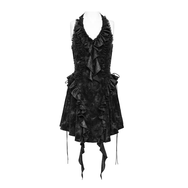 DEVIL FASHION Women's Gothic Ruffle Plunging V-Neck Halter Dress