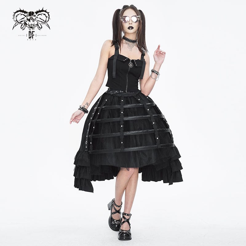 DEVIL FASHION Women's Gothic Ruffled Buckle Long Overskirts