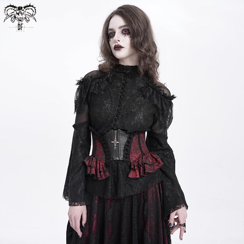 DEVIL FASHION Women's Gothic Ruffled Lace Splice Underbust Corset Red