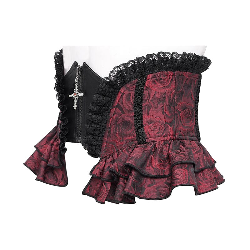 DEVIL FASHION Women's Gothic Ruffled Lace Splice Underbust Corset Red