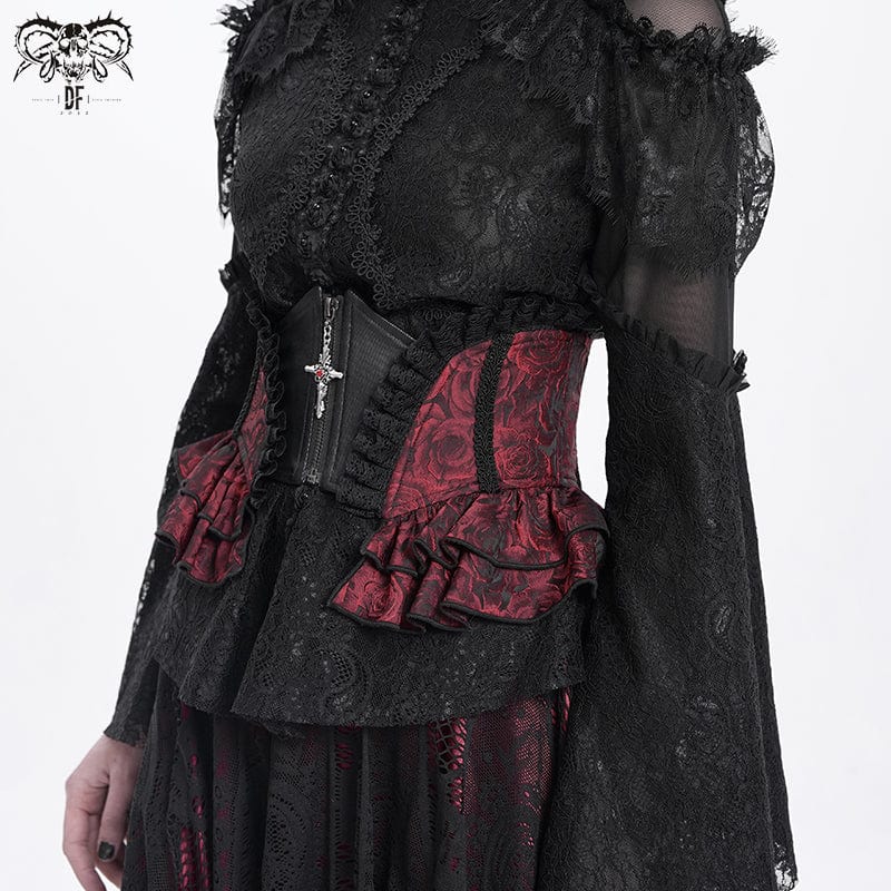 DEVIL FASHION Women's Gothic Ruffled Lace Splice Underbust Corset Red