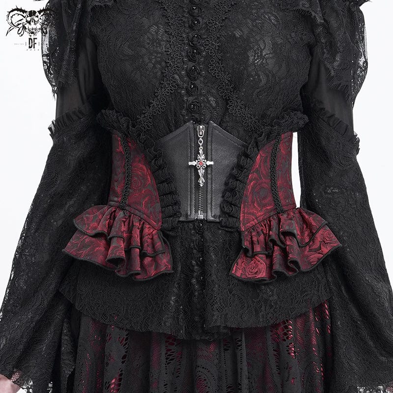 DEVIL FASHION Women's Gothic Ruffled Lace Splice Underbust Corset Red