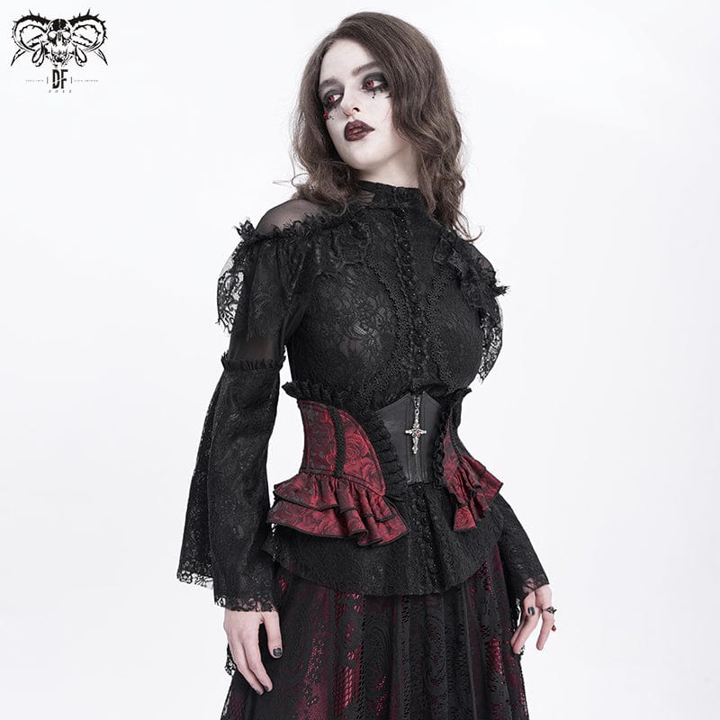 DEVIL FASHION Women's Gothic Ruffled Lace Splice Underbust Corset Red