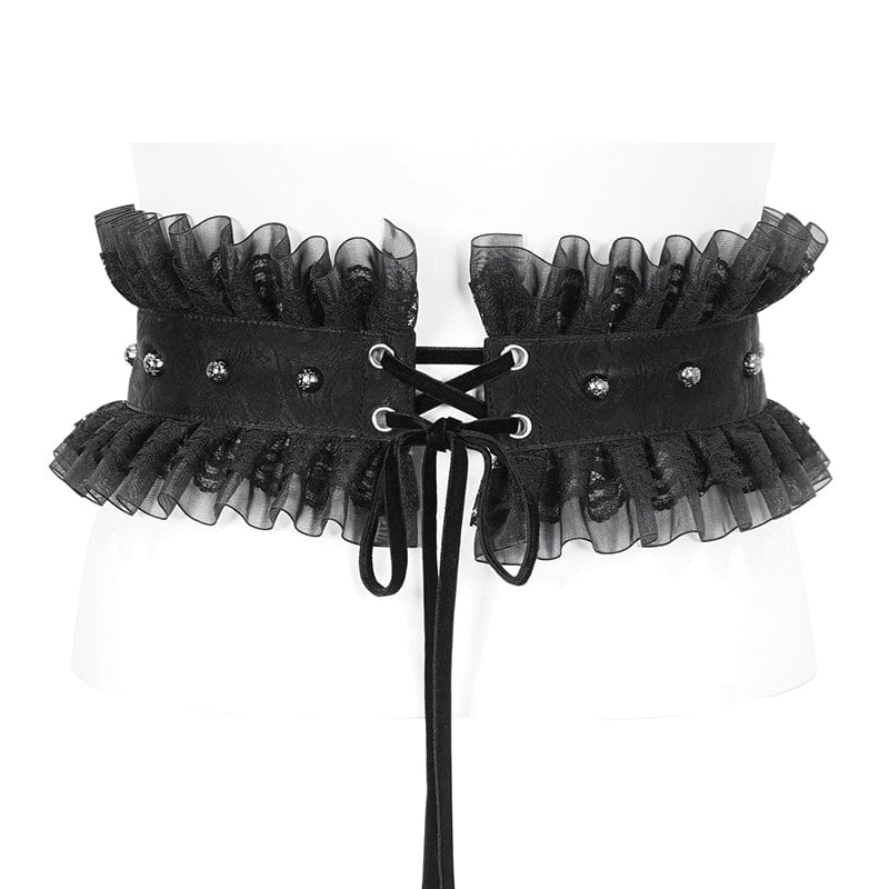 DEVIL FASHION Women's Gothic Ruffled Mesh Splice Faux Leather Belt