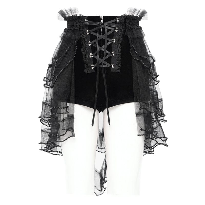 DEVIL FASHION Women's Gothic Ruffled Mesh Splice Lace-up Shorts