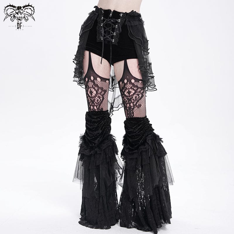 DEVIL FASHION Women's Gothic Ruffled Mesh Splice Lace-up Shorts