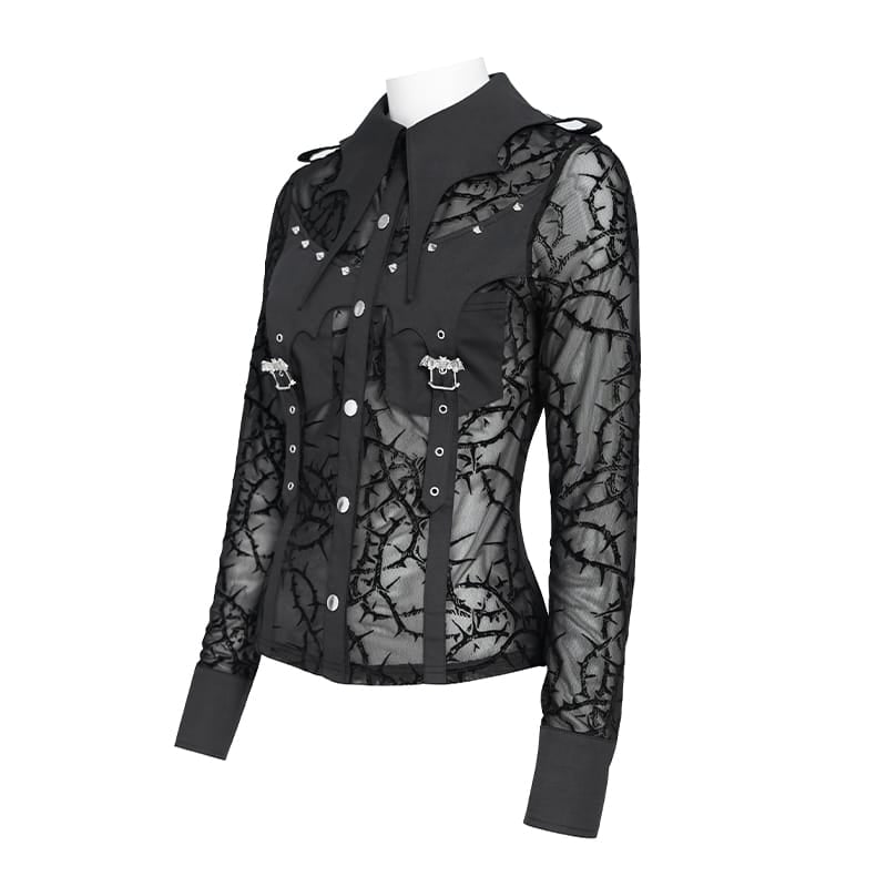 DEVIL FASHION Women's Gothic Sheer Thorny Vine Print Bat Wing Collar Long Sleeve Shirt