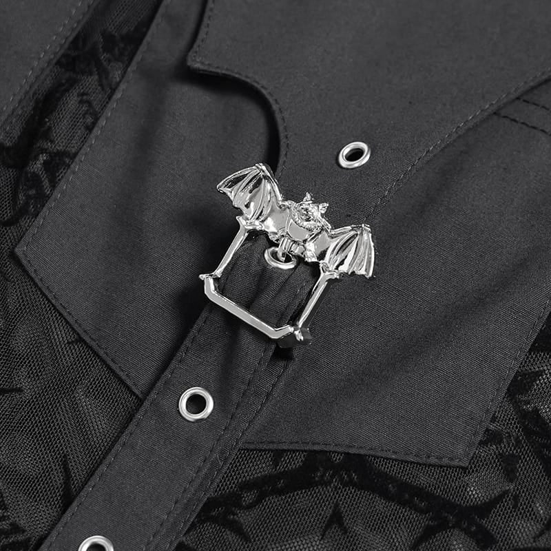 DEVIL FASHION Women's Gothic Sheer Thorny Vine Print Bat Wing Collar Long Sleeve Shirt