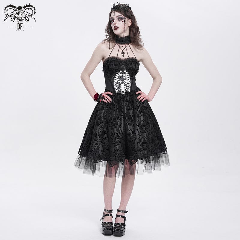DEVIL FASHION Women's Gothic Skeleton Printed Lace Splice Halterneck Witch Dress Black