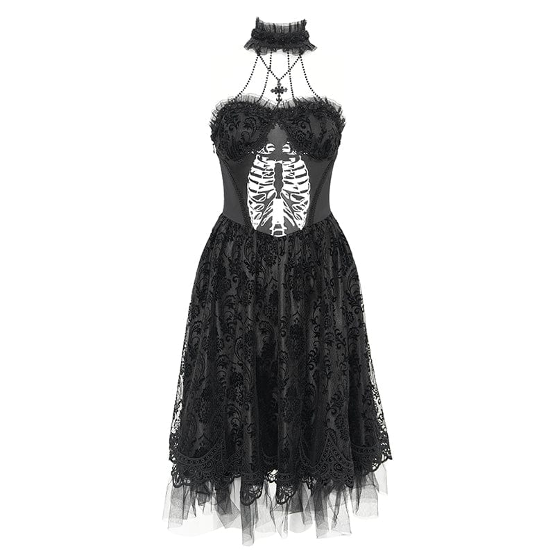 DEVIL FASHION Women's Gothic Skeleton Printed Lace Splice Halterneck Witch Dress Black