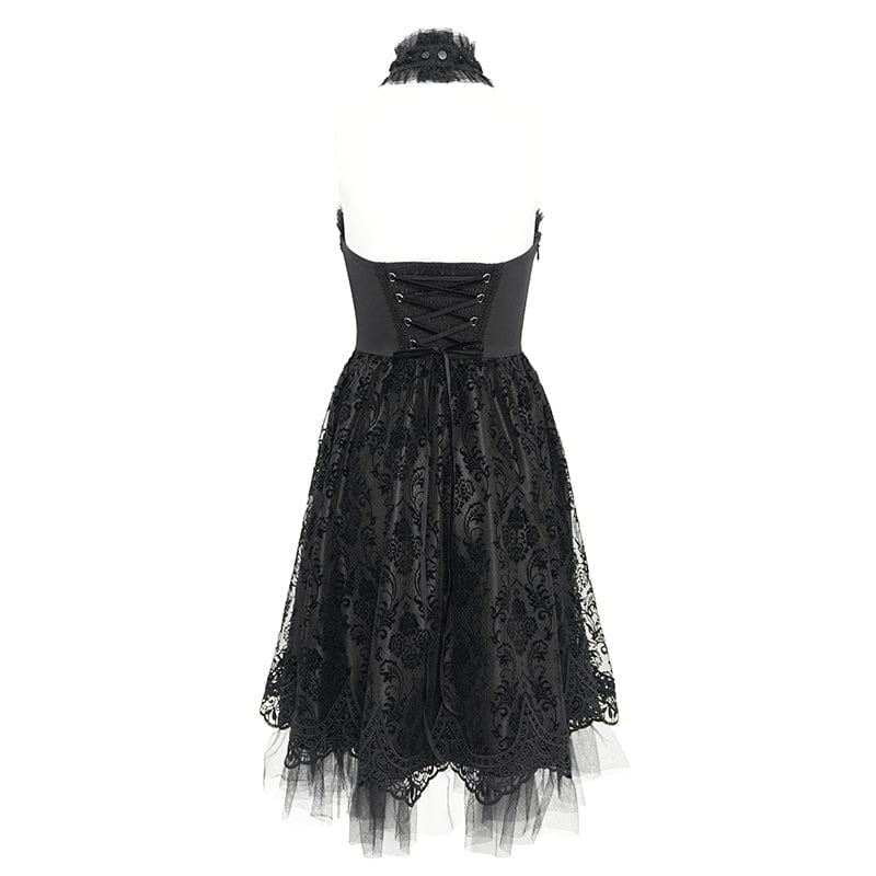 DEVIL FASHION Women's Gothic Skeleton Printed Lace Splice Halterneck Witch Dress Black