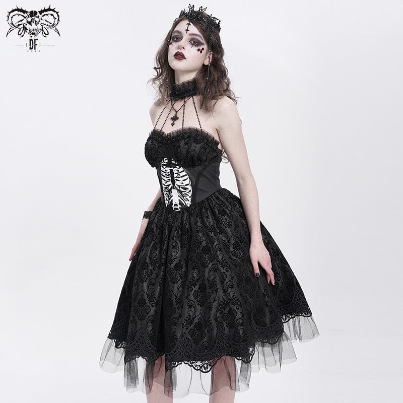DEVIL FASHION Women's Gothic Skeleton Printed Lace Splice Halterneck Witch Dress Black
