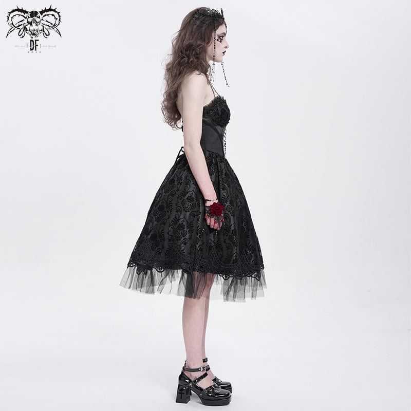 DEVIL FASHION Women's Gothic Skeleton Printed Lace Splice Halterneck Witch Dress Black