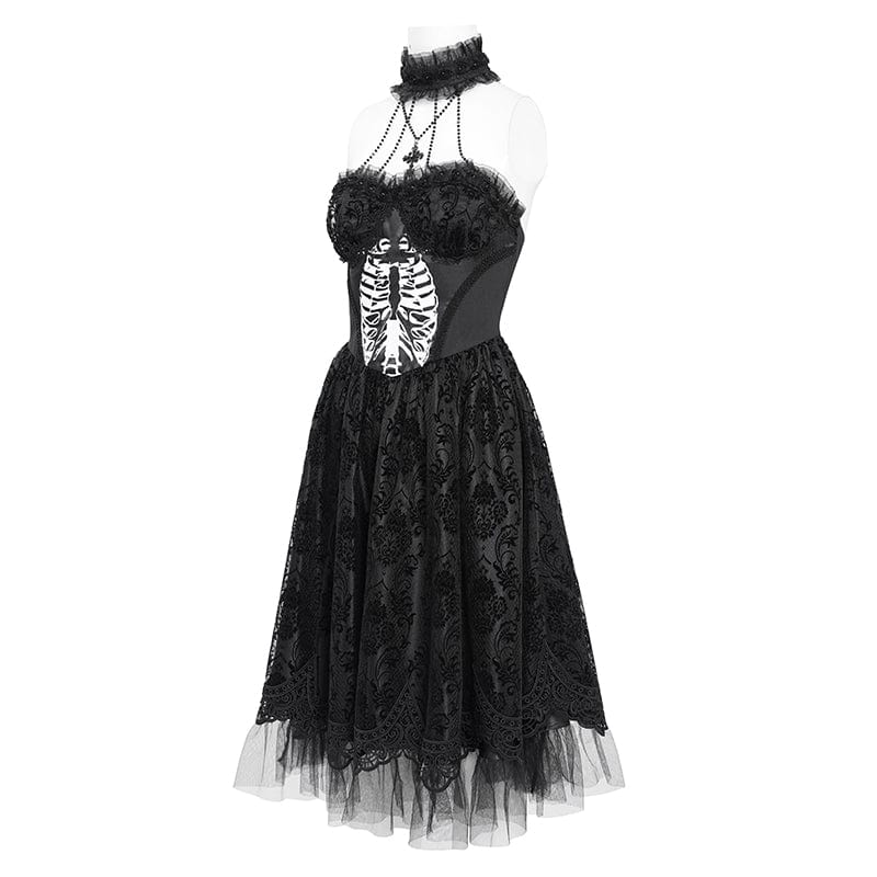 DEVIL FASHION Women's Gothic Skeleton Printed Lace Splice Halterneck Witch Dress Black