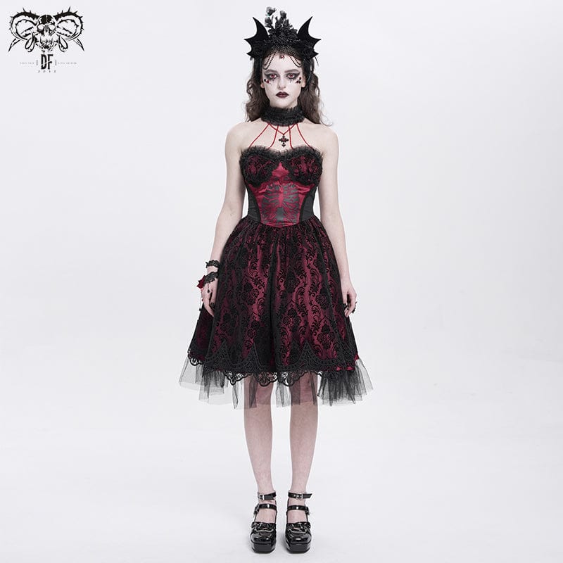 DEVIL FASHION Women's Gothic Skeleton Printed Lace Splice Halterneck Witch Dress Red