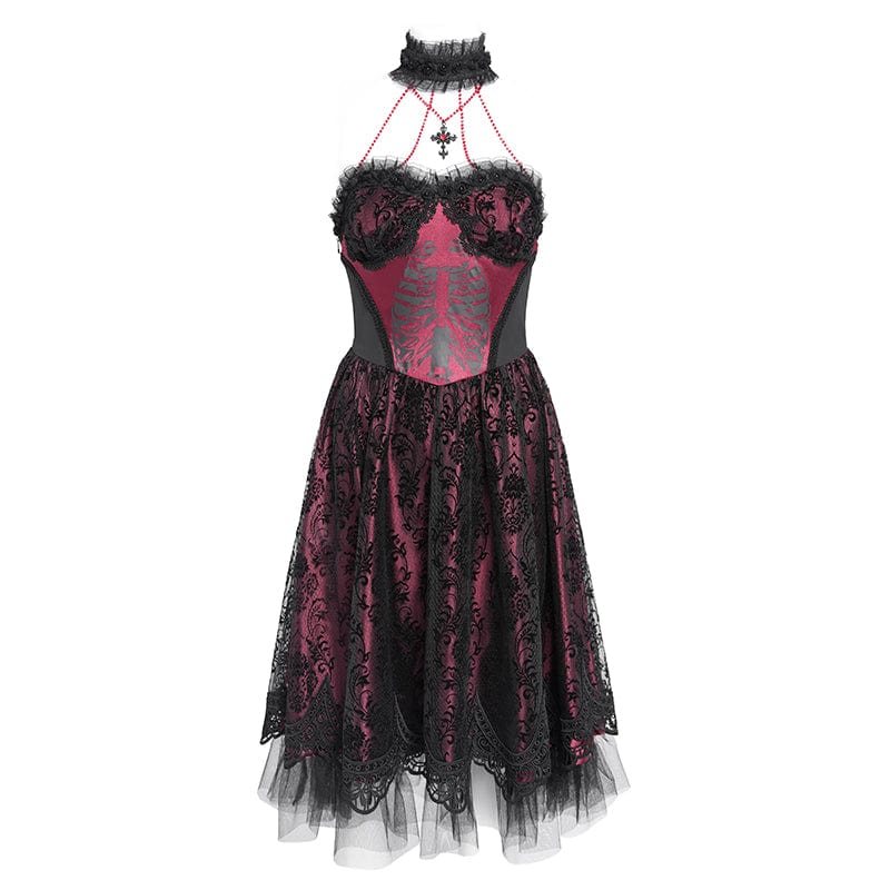 DEVIL FASHION Women's Gothic Skeleton Printed Lace Splice Halterneck Witch Dress Red