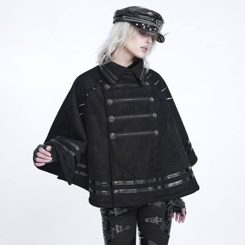 DEVIL FASHION Women's Gothic Spiked Stand Collar Asymmetrical Slanted Placket Cloak