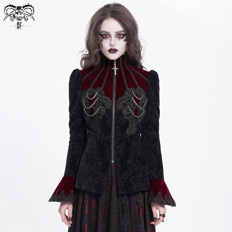 DEVIL FASHION Women's Gothic Stand Collar Flared Sleeved Jacket Red
