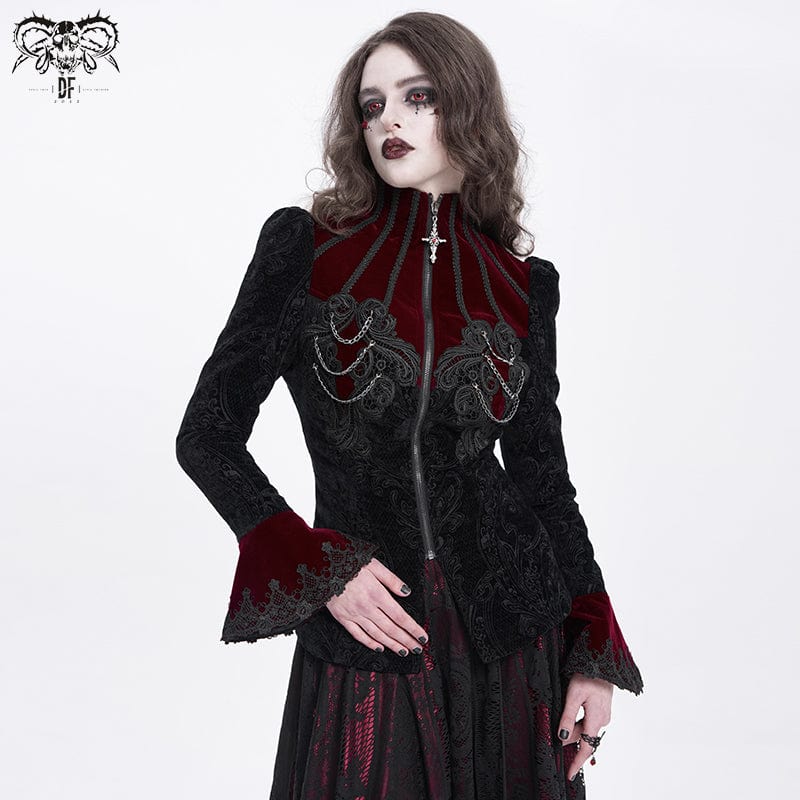DEVIL FASHION Women's Gothic Stand Collar Flared Sleeved Jacket Red