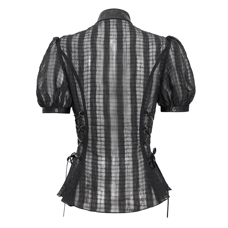 DEVIL FASHION Women's Gothic Stand Collar Puff Sleeved Sheer Shirt