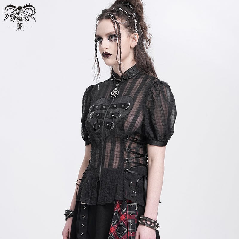 DEVIL FASHION Women's Gothic Stand Collar Puff Sleeved Sheer Shirt