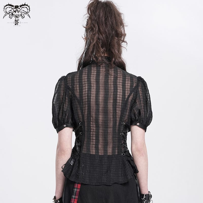 DEVIL FASHION Women's Gothic Stand Collar Puff Sleeved Sheer Shirt