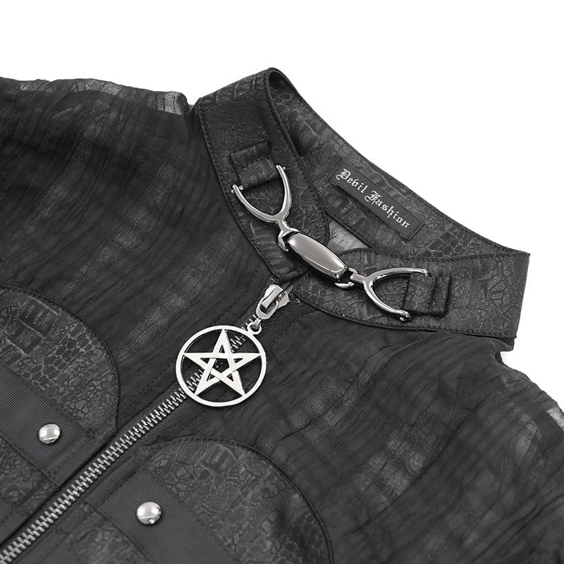 DEVIL FASHION Women's Gothic Stand Collar Puff Sleeved Sheer Shirt