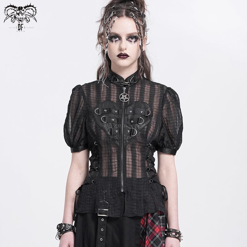 DEVIL FASHION Women's Gothic Stand Collar Puff Sleeved Sheer Shirt