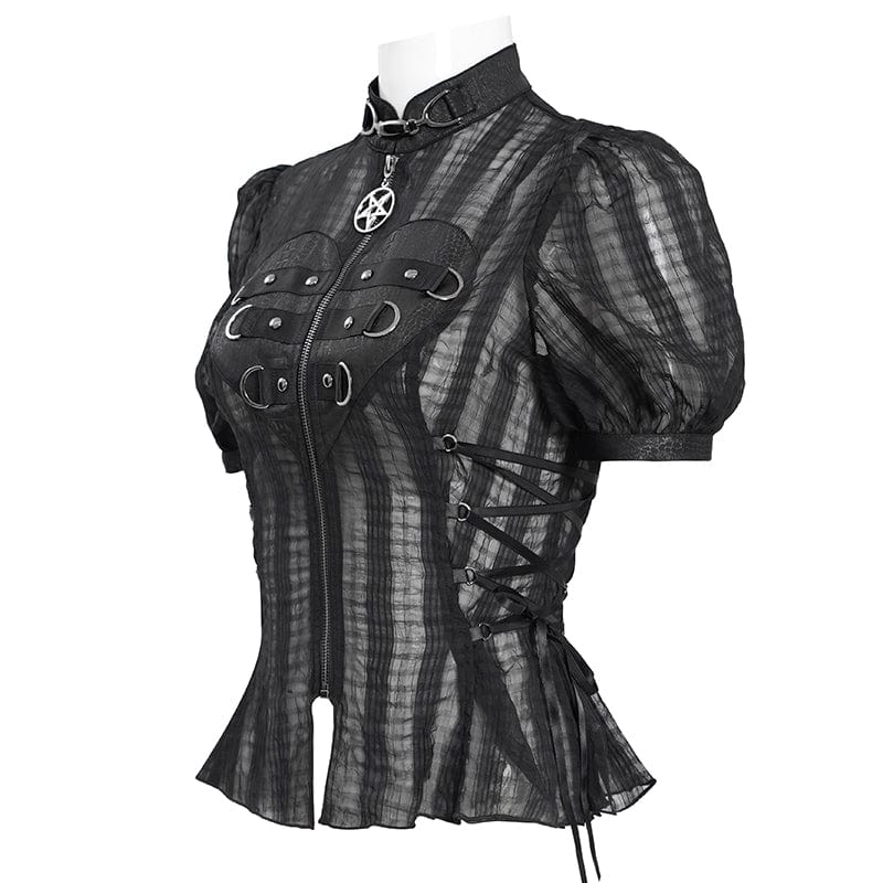 DEVIL FASHION Women's Gothic Stand Collar Puff Sleeved Sheer Shirt