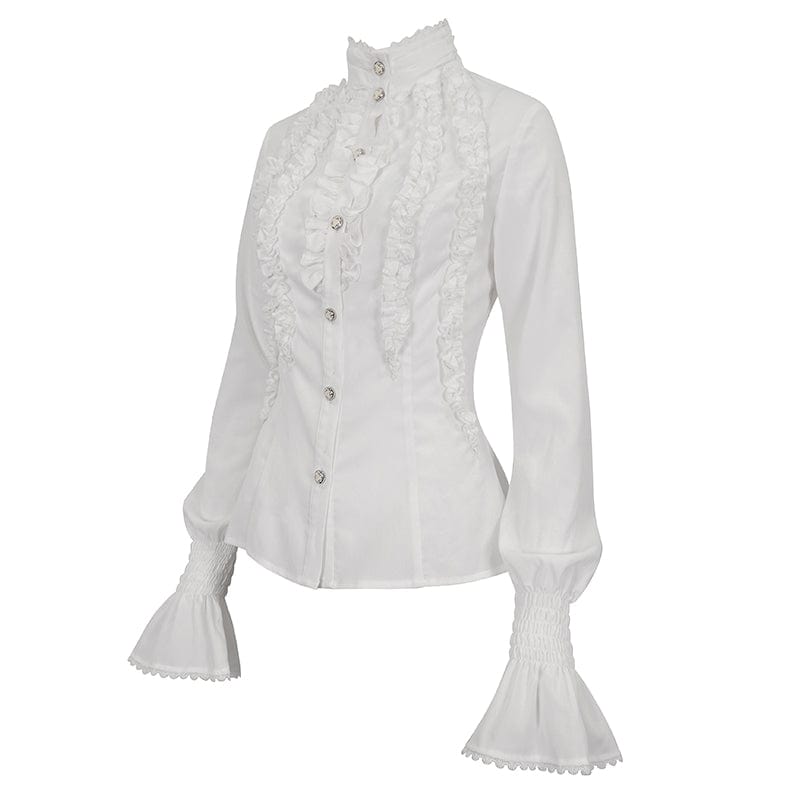 DEVIL FASHION Women's Gothic Stand Collar Ruffled Shirt White