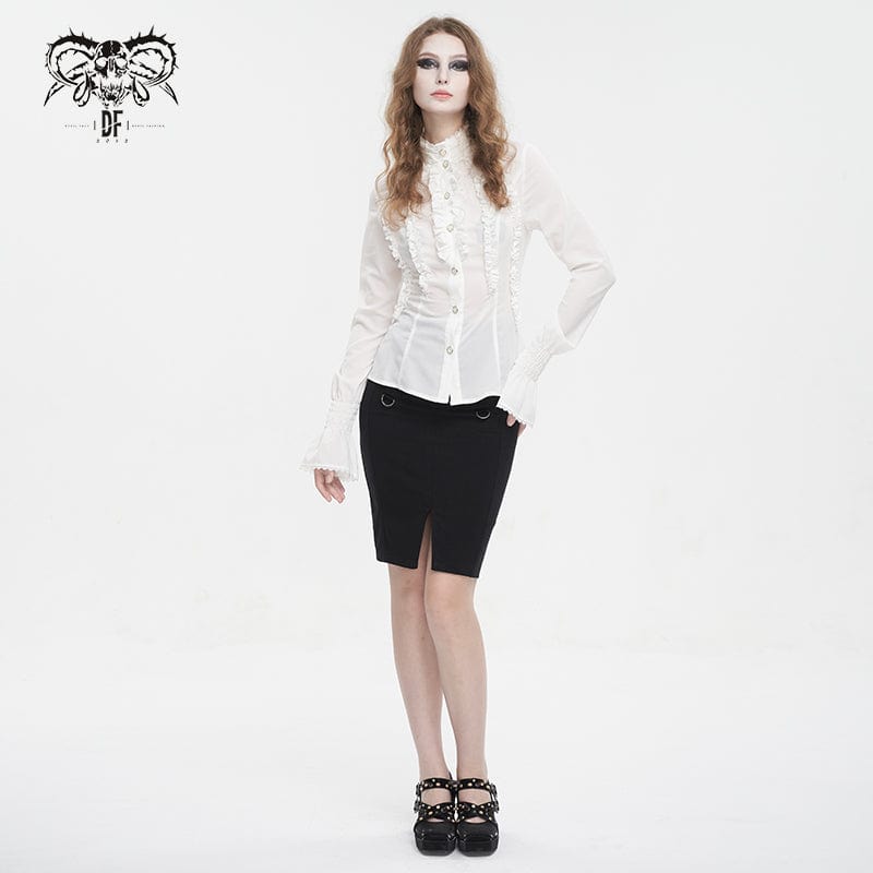 DEVIL FASHION Women's Gothic Stand Collar Ruffled Shirt White