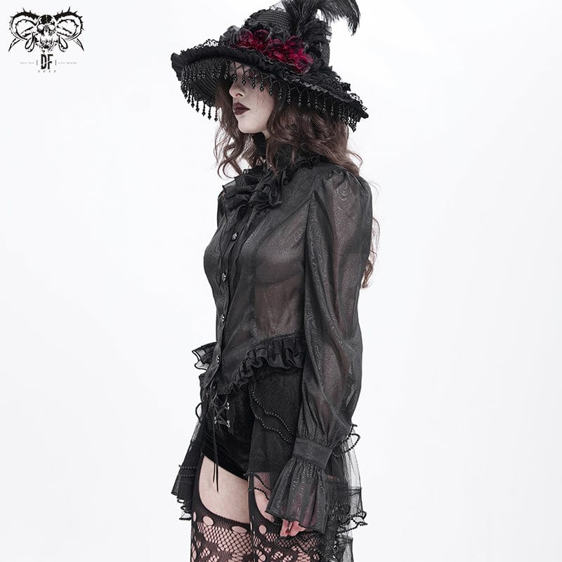 DEVIL FASHION Women's Gothic Stand Collar Ruffled Swallow-tailed Shirt