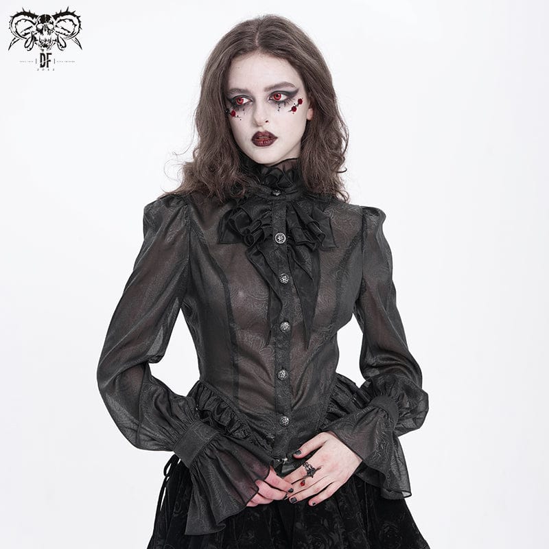 DEVIL FASHION Women's Gothic Stand Collar Ruffled Swallow-tailed Shirt