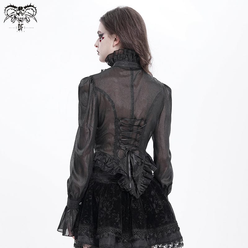 DEVIL FASHION Women's Gothic Stand Collar Ruffled Swallow-tailed Shirt
