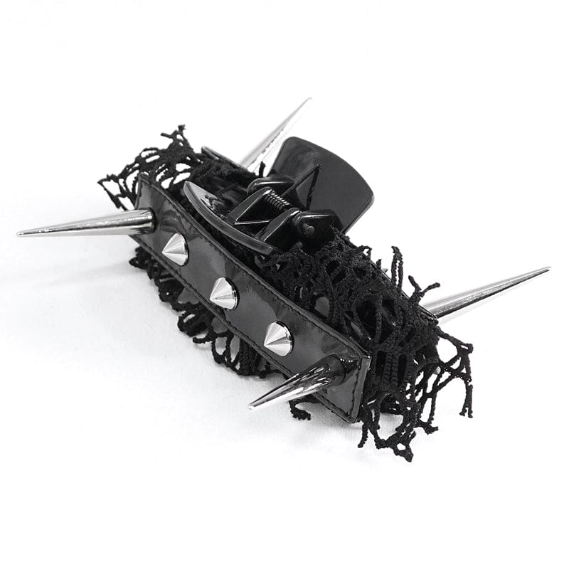 DEVIL FASHION Women's Gothic Studded Mesh Splice Faux Leather Hair Claw